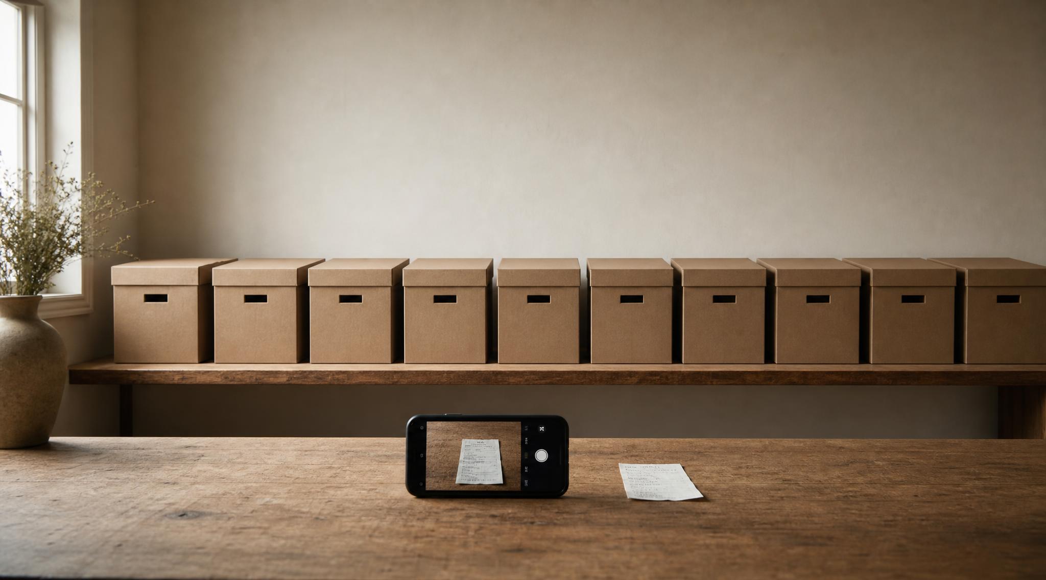 Zehn beschriftungslose Archivschachteln in einer ordentlichen Reihe auf einem Holzregal, daneben ein Smartphone mit fotografiertem Beleg