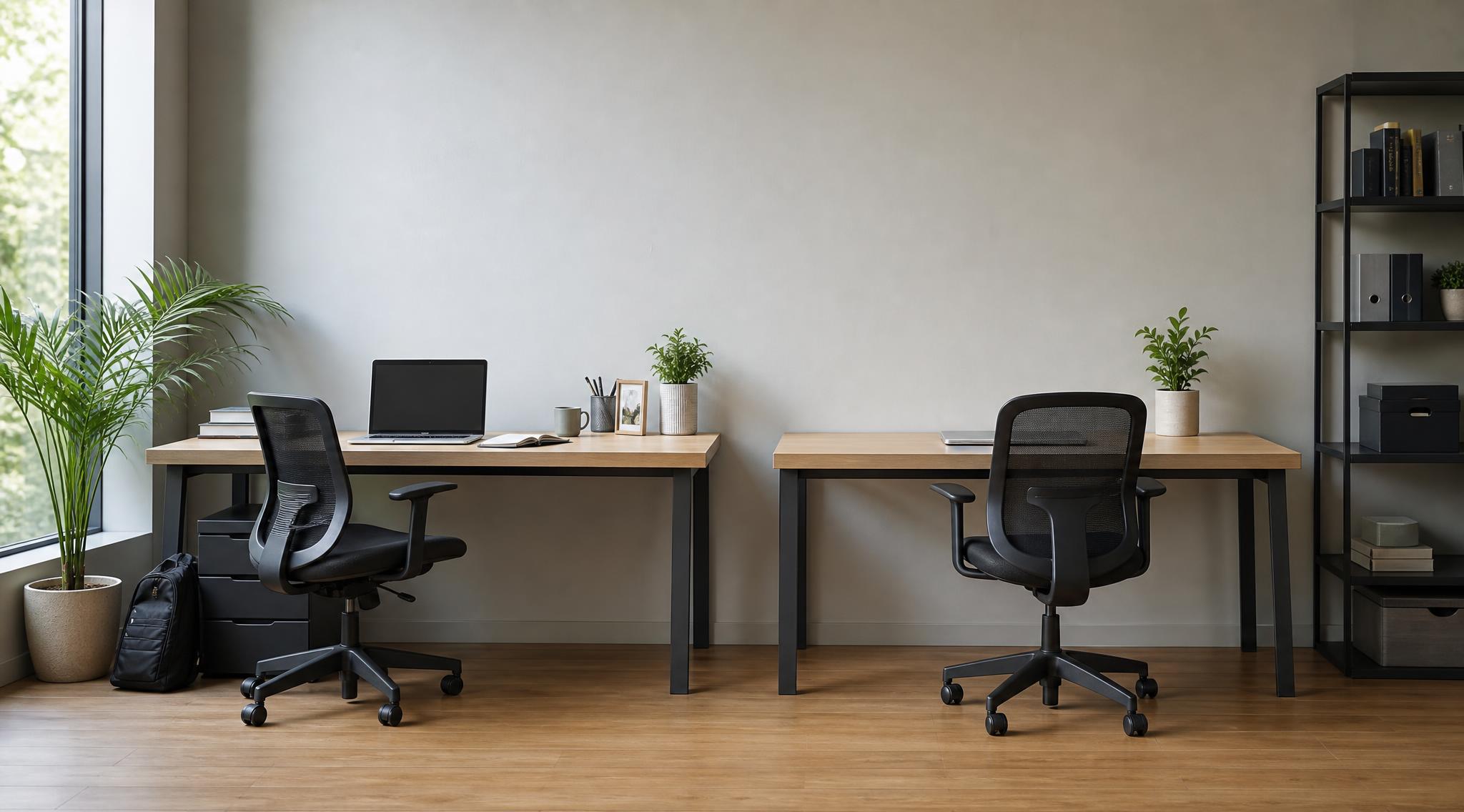 Zwei Schreibtische nebeneinander in einem hellen Büro: ein eingerichteter Arbeitsplatz und ein zweiter, frisch vorbereiteter mit neuem Stuhl