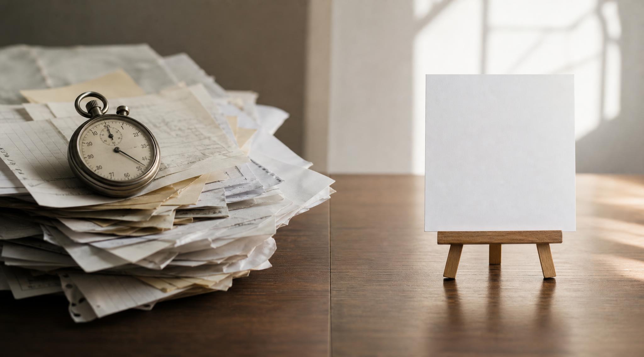 Alte Stoppuhr auf einem Stapel Papierrechnungen neben einer einzelnen, klar beschrifteten Preiskarte auf einem aufgeräumten Schreibtisch