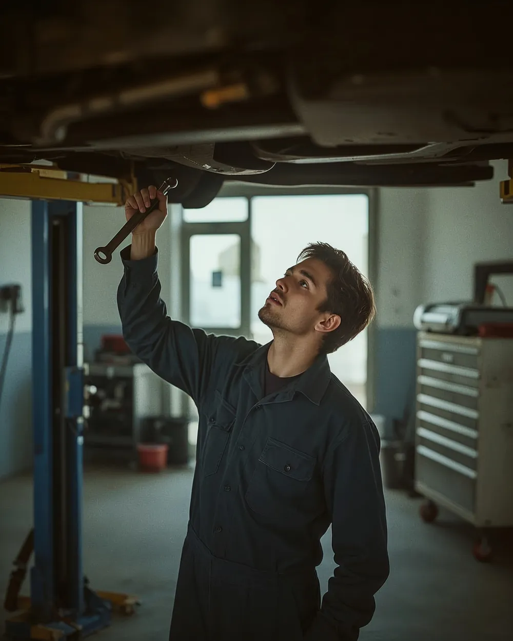 Mechaniker arbeitet an einem Fahrzeug auf der Hebebühne