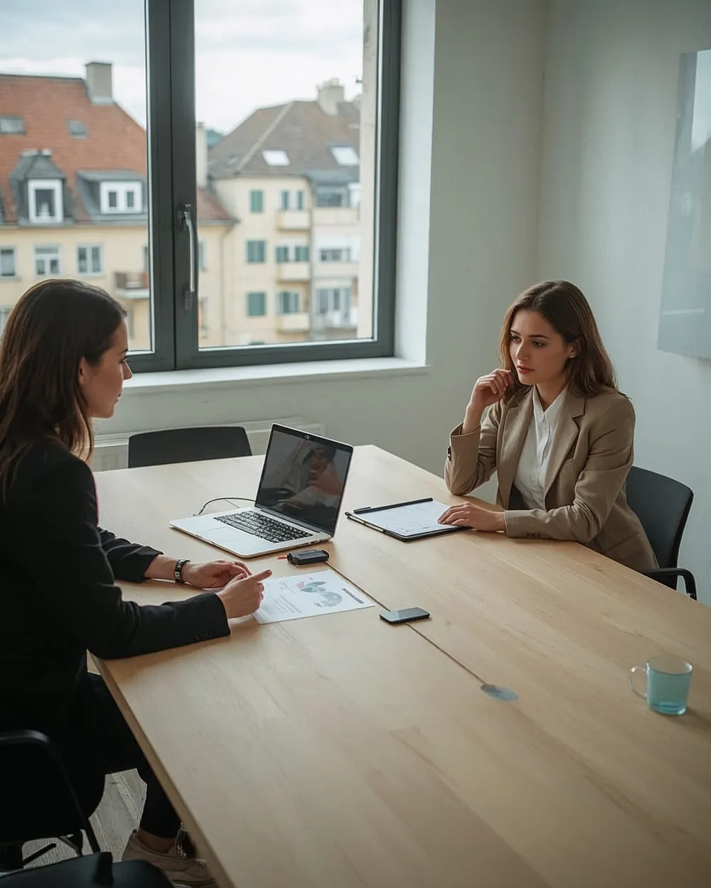 Beratungsgespräch mit Laptop am Besprechungstisch