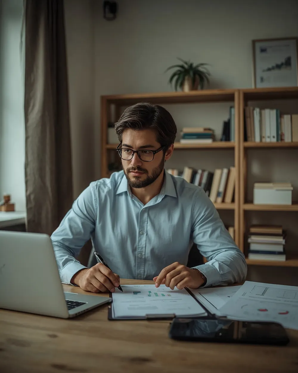 Consultant arbeitet mit Laptop und Notizen am Schreibtisch