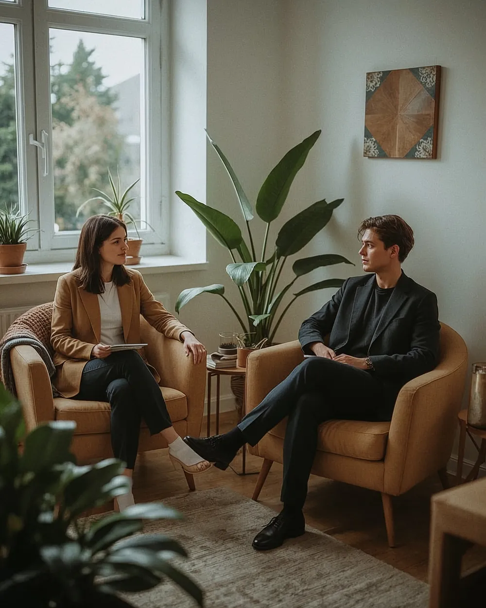Coaching-Gespräch zwischen zwei Personen in heller Praxis
