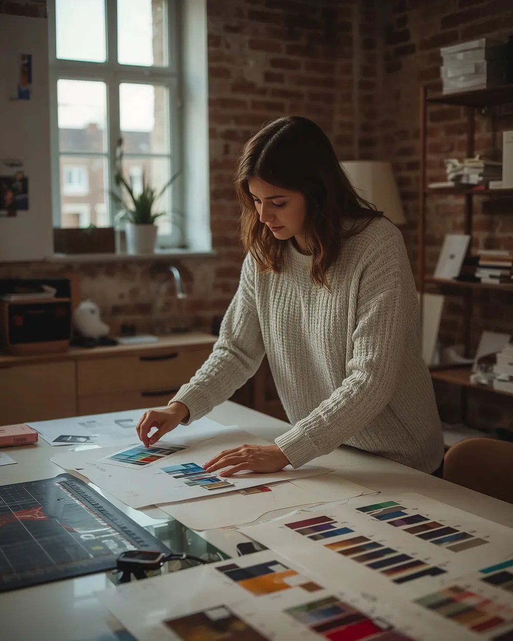 Designerin sortiert Farbmuster und Entwürfe auf dem Arbeitstisch