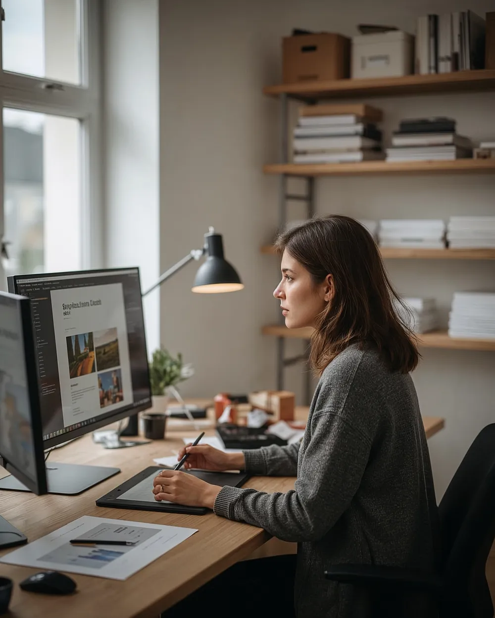 Designerin arbeitet am Bildschirm mit Gestaltungssoftware