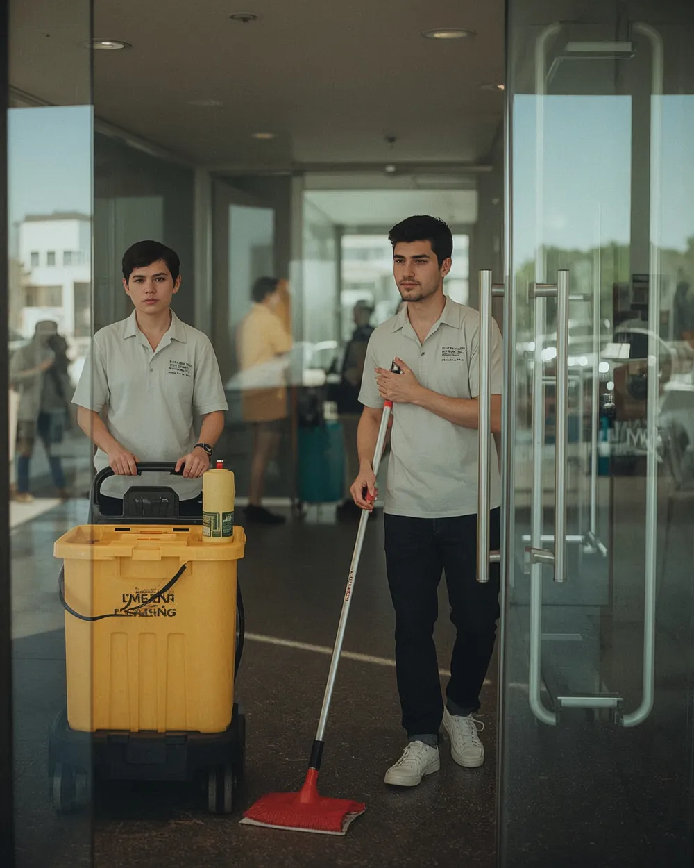 Reinigungsteam mit Reinigungswagen am Gebäudeeingang