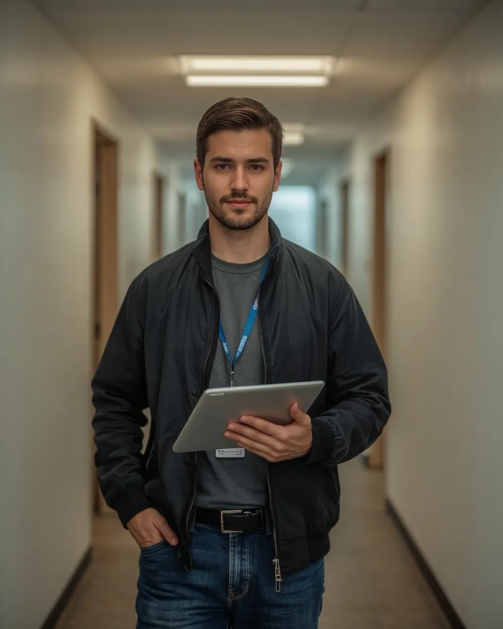Objektleiter mit Tablet im Gebäudekorridor