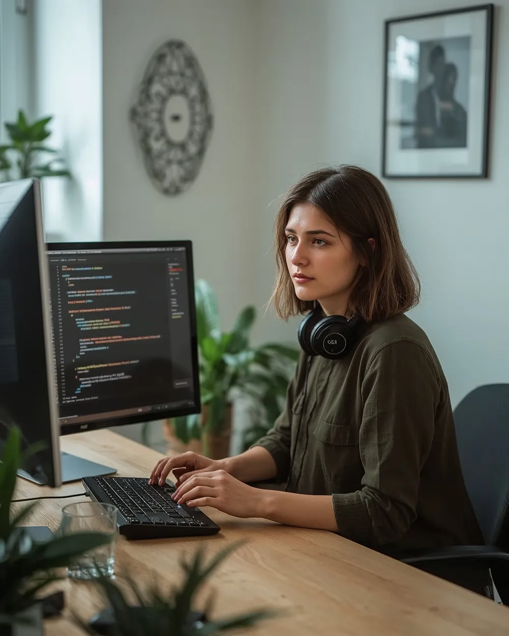 Entwicklerin schreibt Code an einem Bildschirm im Studio