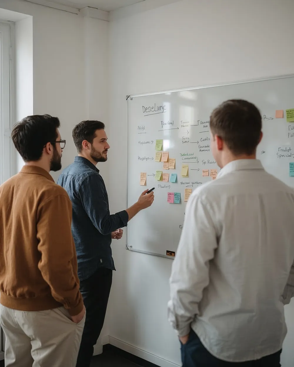 Entwicklerteam bespricht Aufgaben an einem Whiteboard