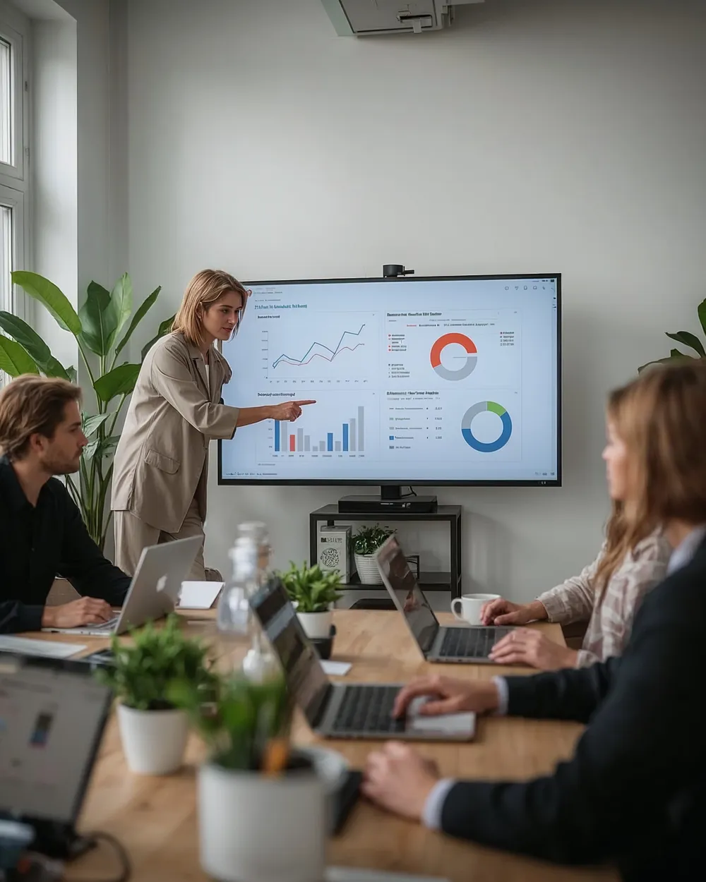Marketing-Team bespricht Kampagnen-Dashboard am Bildschirm
