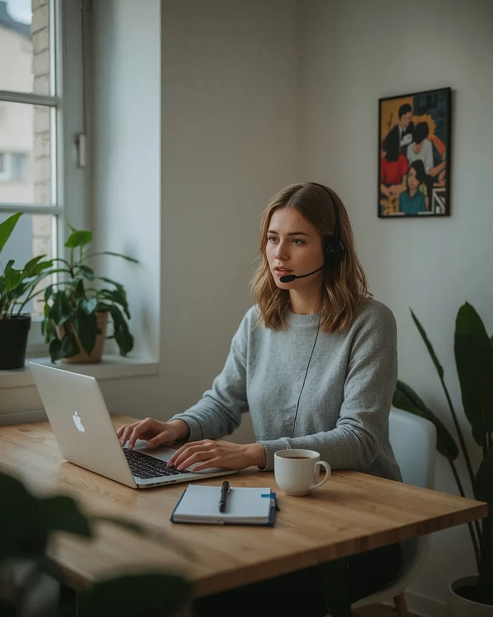 Marketing-Freelancerin mit Headset im Videocall am Laptop