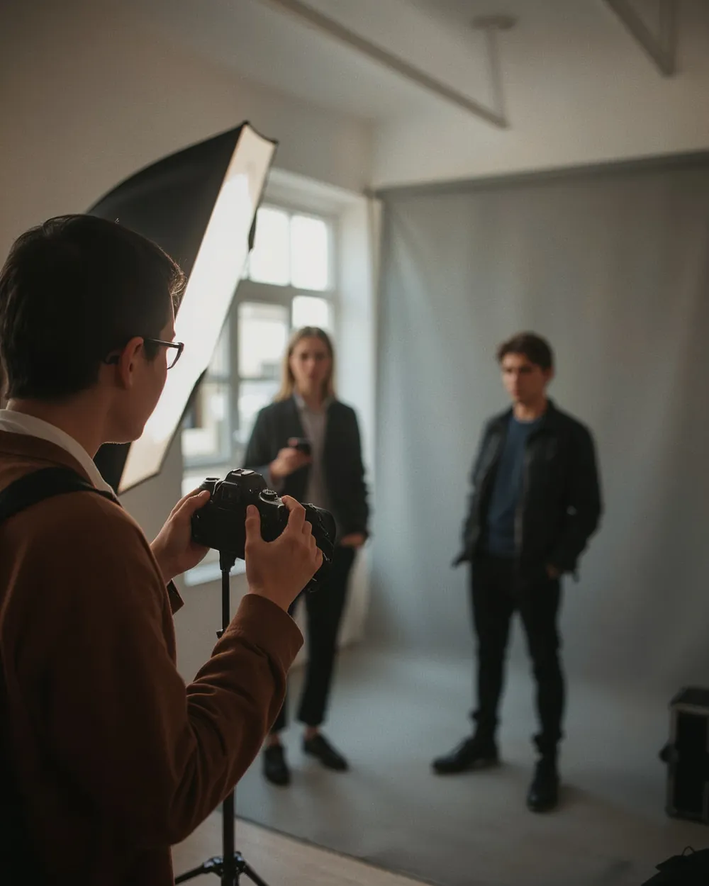 Fotograf mit Kamera bei einem Shooting mit Studiolicht