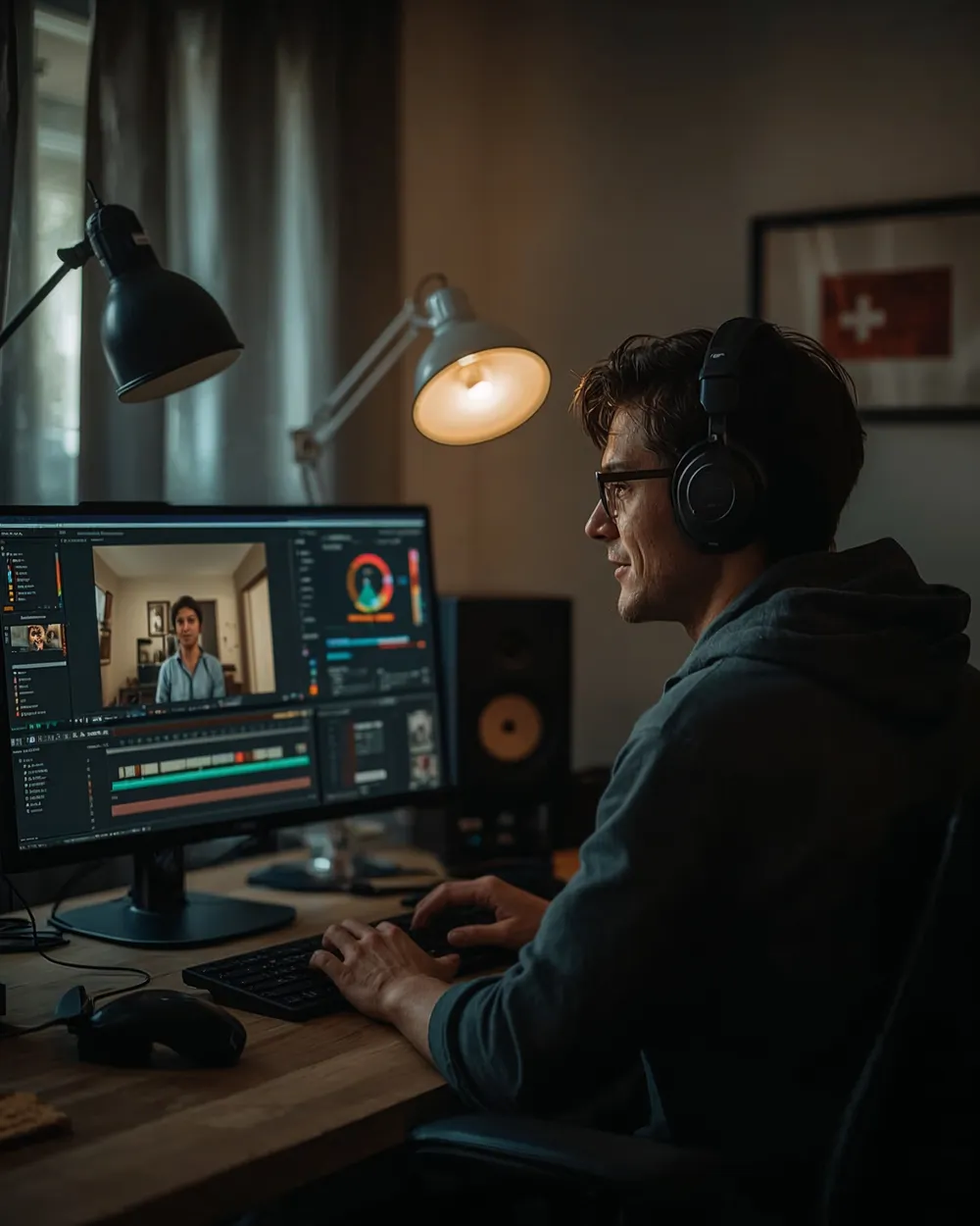 Videoschnittplatz mit zwei Monitoren im Studio