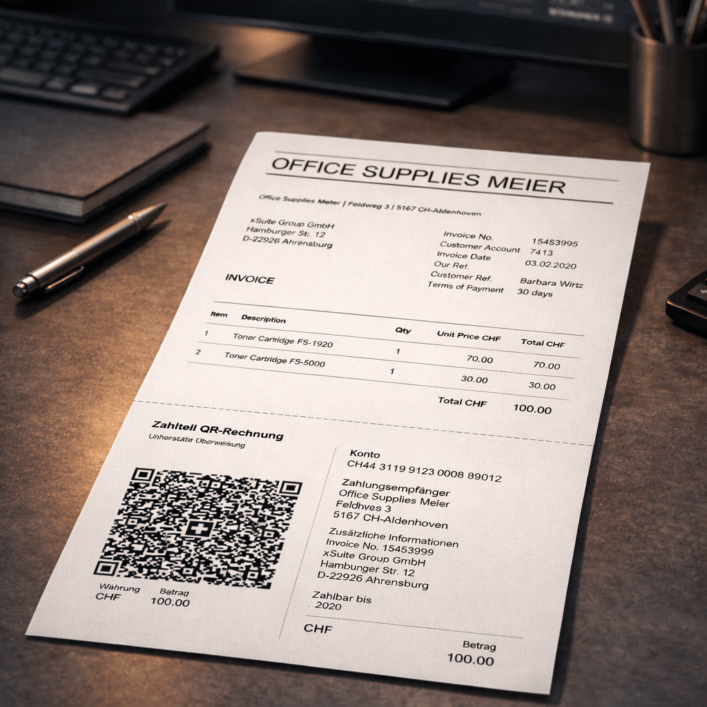 Example of a Swiss invoice with payment part and QR code (QR bill)
