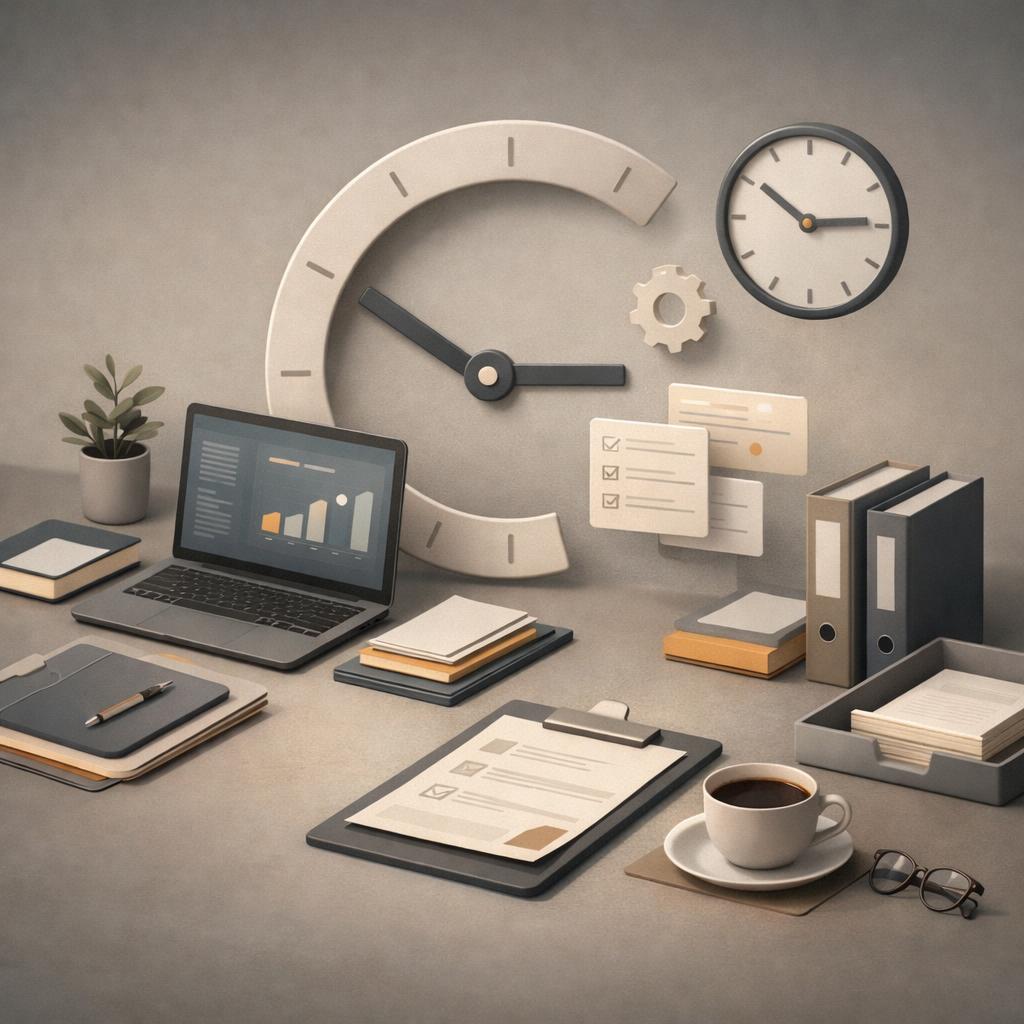 Large clock above a desk with laptop, checklists and binders – symbol of time saved
