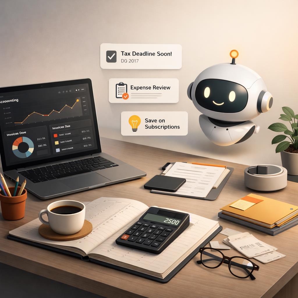 Small robot assistant next to a laptop showing hints: tax deadline, expense review, save on subscriptions