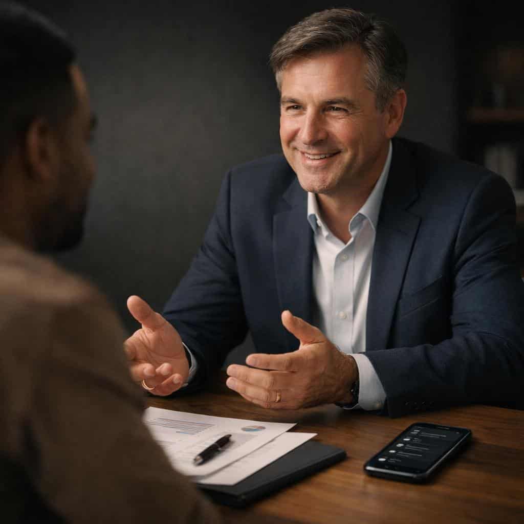 Smiling man in a suit in conversation at a table, smartphone and documents in front of him