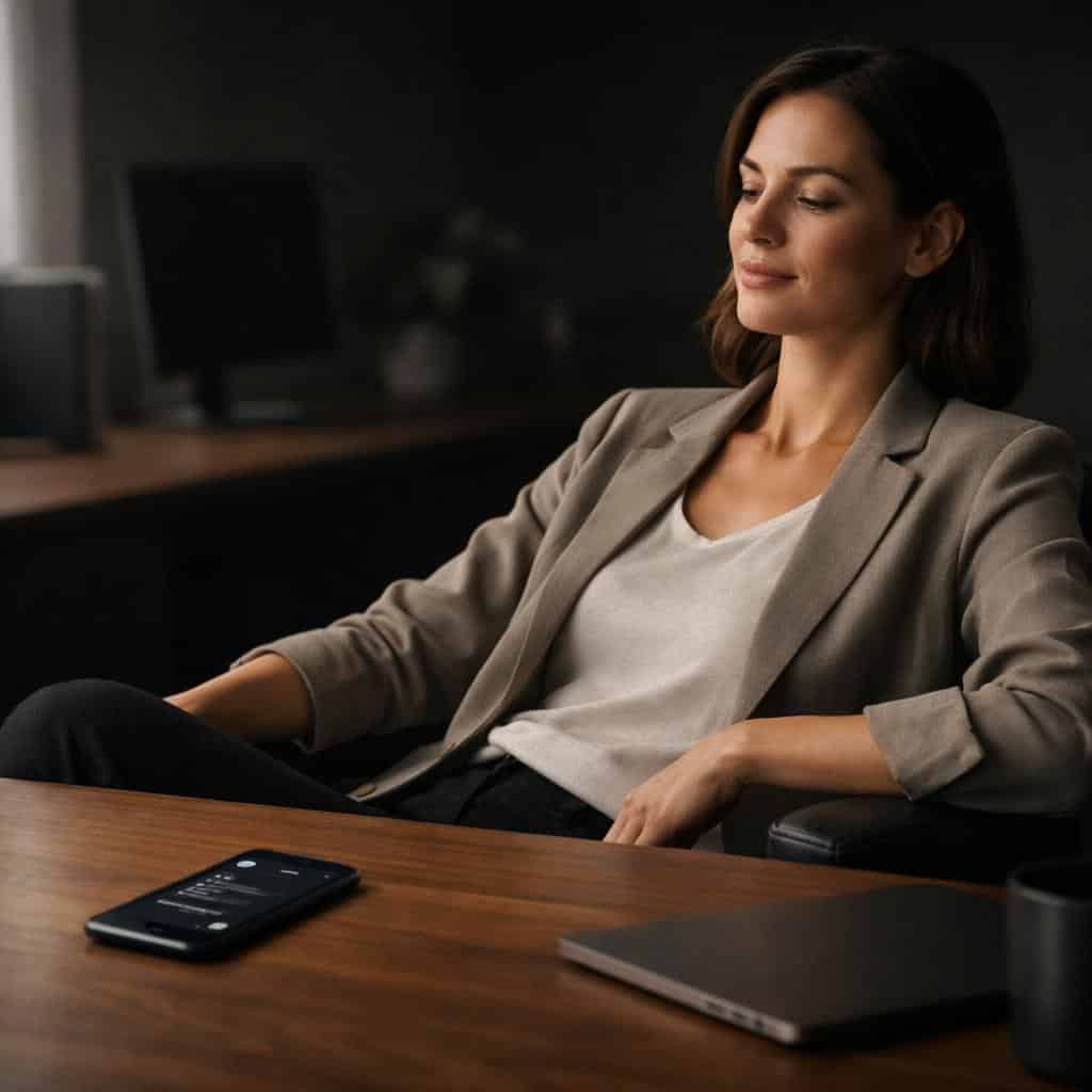 Relaxed woman leaning back in an office chair, smartphone and laptop on the desk