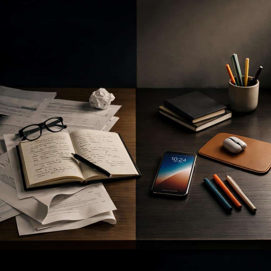Handwritten notebook and papers on the left, tidy desk with smartphone and pens on the right
