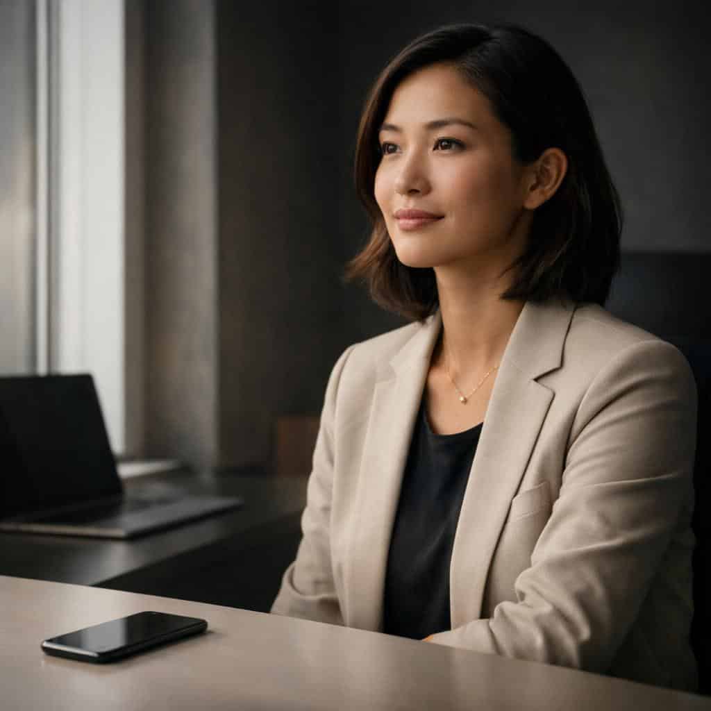 Woman in a blazer sitting relaxed at a table, smartphone and laptop in front of her