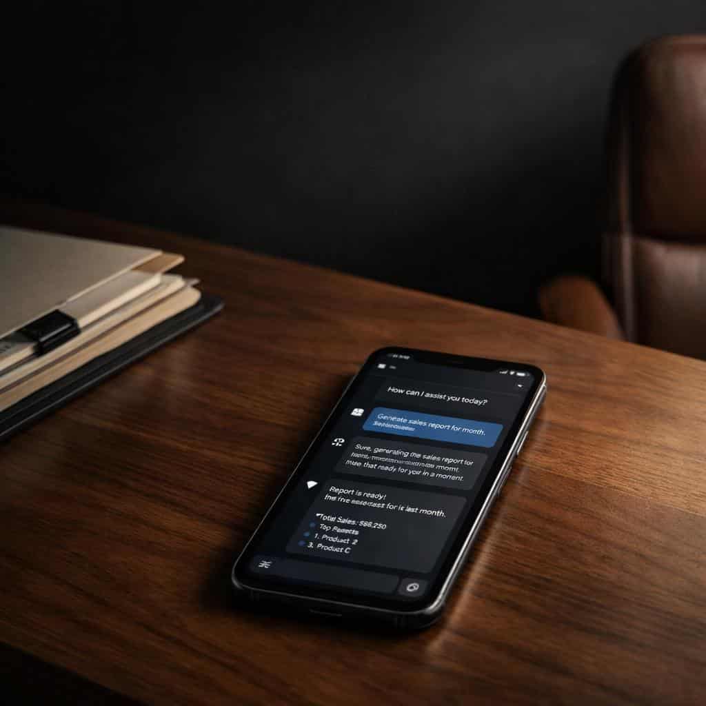 Smartphone on a wooden table showing a chat with a sales report