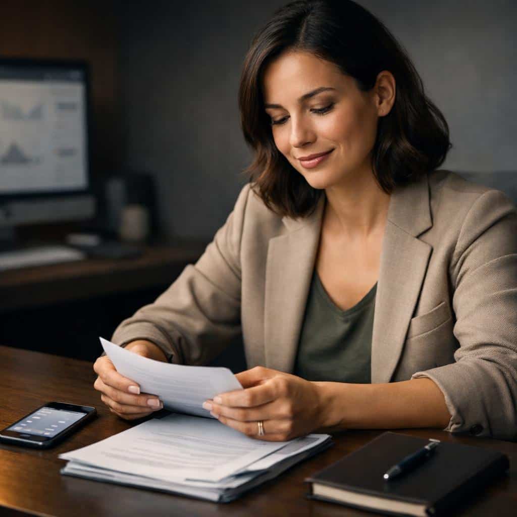 Smiling woman reading a document at her desk, monitor with charts in the background