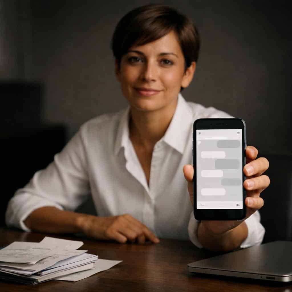 Woman holding up a smartphone with a chat interface, receipts on the table in front of her