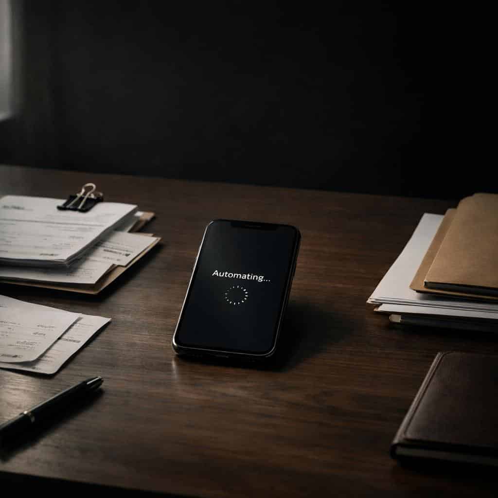 Smartphone on a desk showing “Automating…”, surrounded by receipts and folders