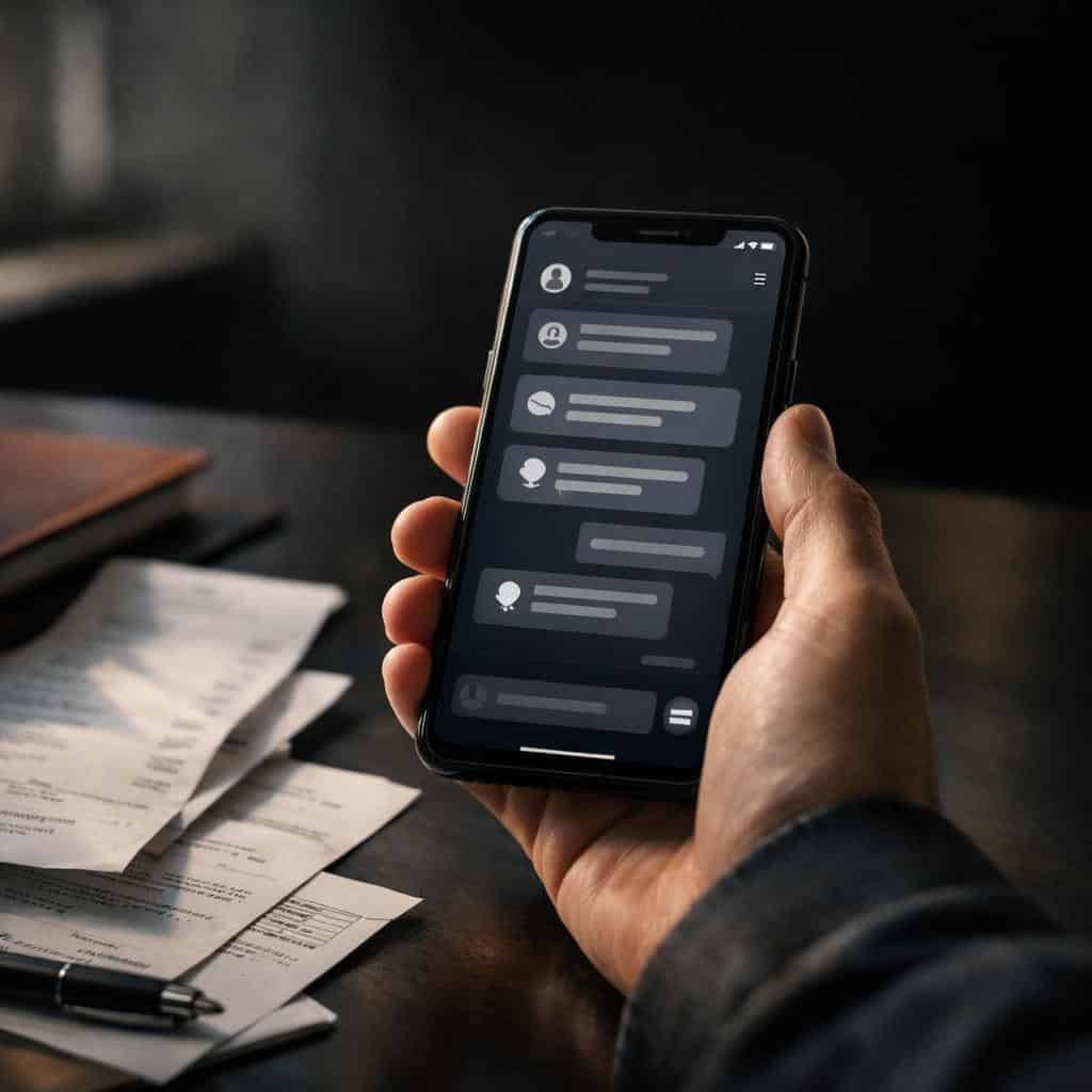 Hand holding a smartphone with a chat thread, receipts on the table beside it