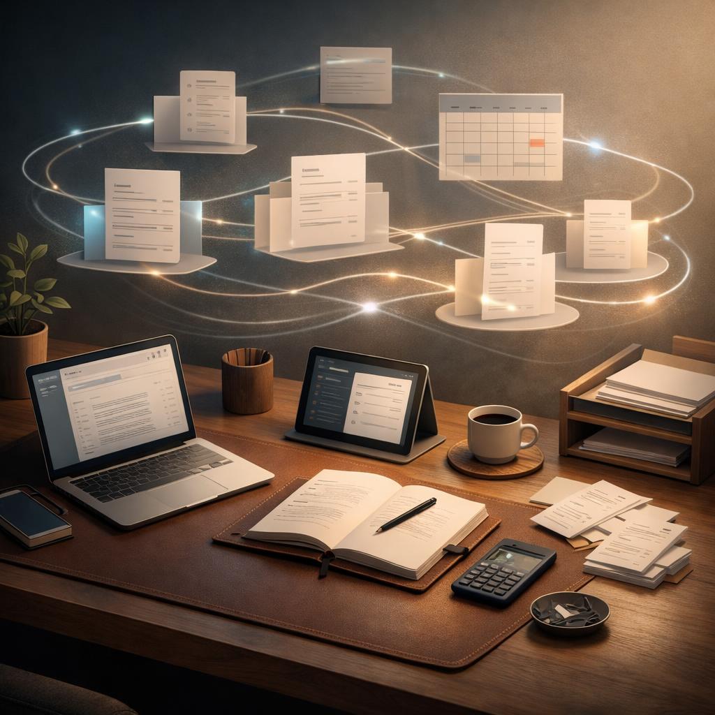 Desk with laptop and tablet, connected documents and a calendar floating above