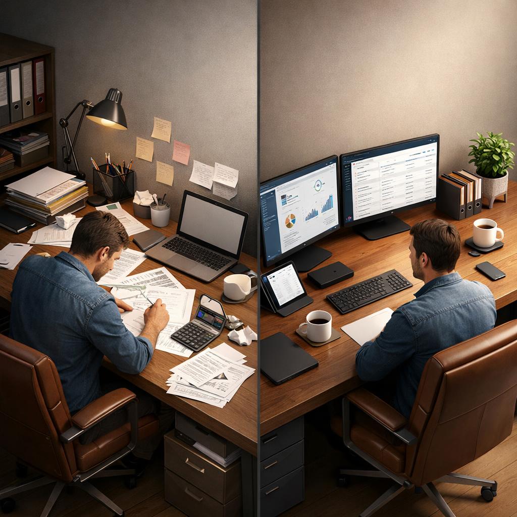 A person buried in paperwork on the left, the same person relaxed at a tidy dual-monitor desk on the right