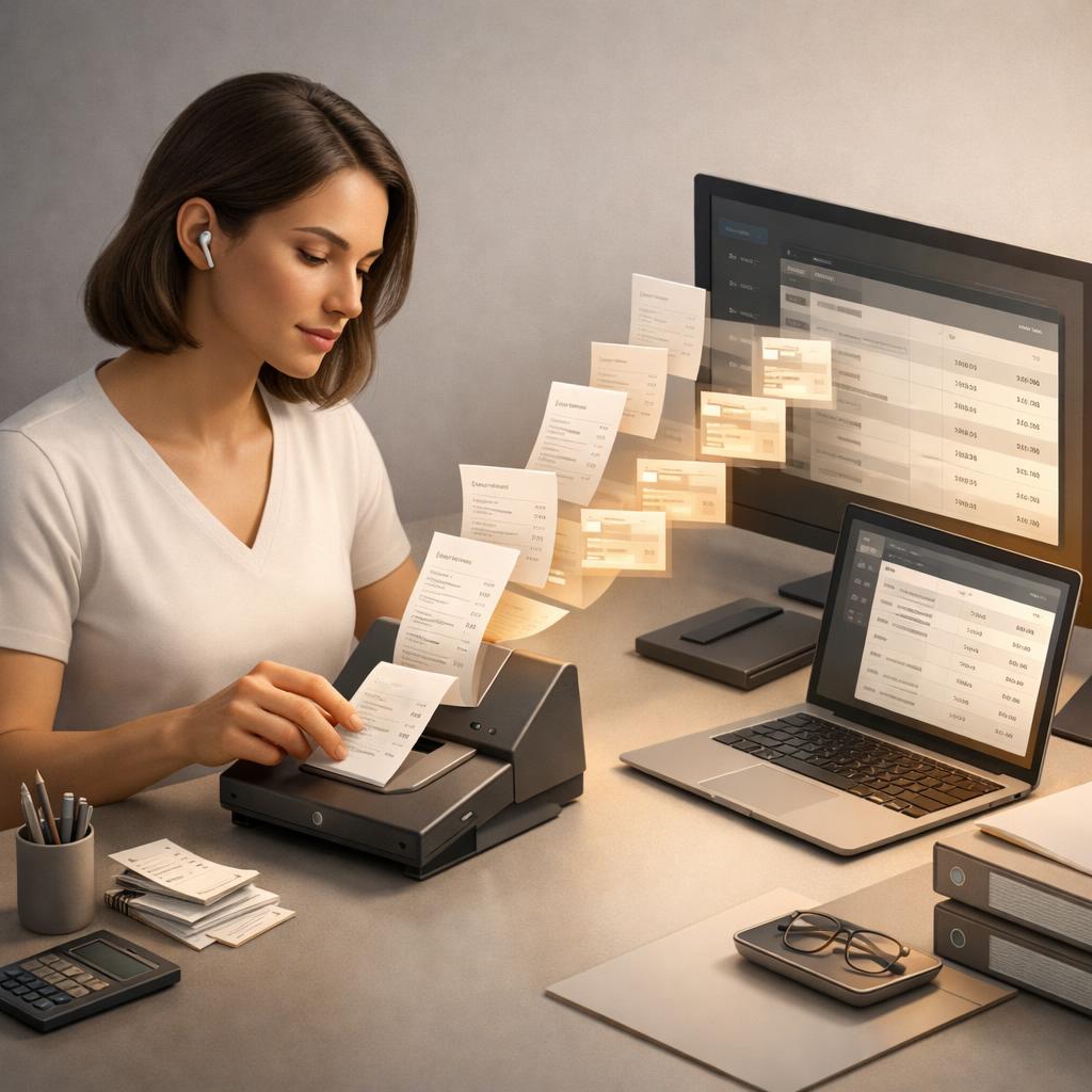 Woman scanning receipts that travel to the screen as glowing documents