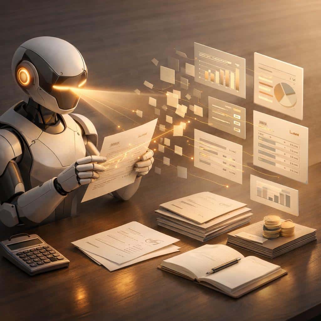 Robot reading a document that turns into charts and reports