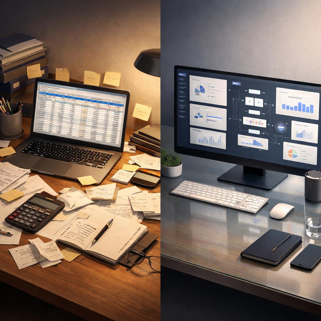Laptop with an Excel sheet among sticky notes on the left, monitor with an automated dashboard on the right