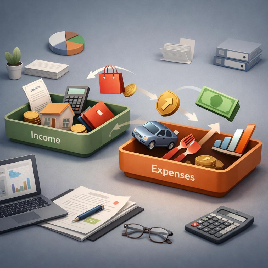 Two boxes labelled income and expenses with arrows between them on a desk
