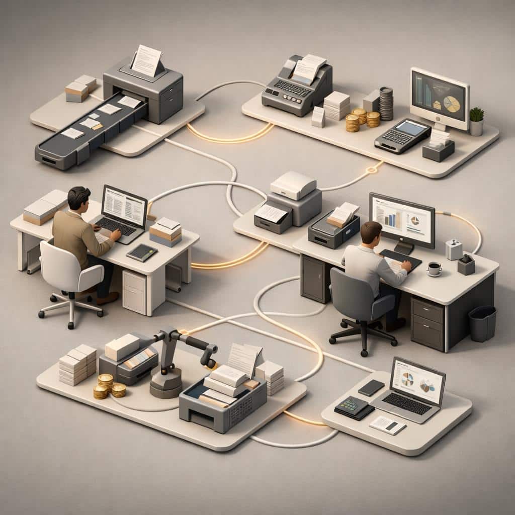 Isometric office scene with printers, scanners and workstations connected by glowing lines