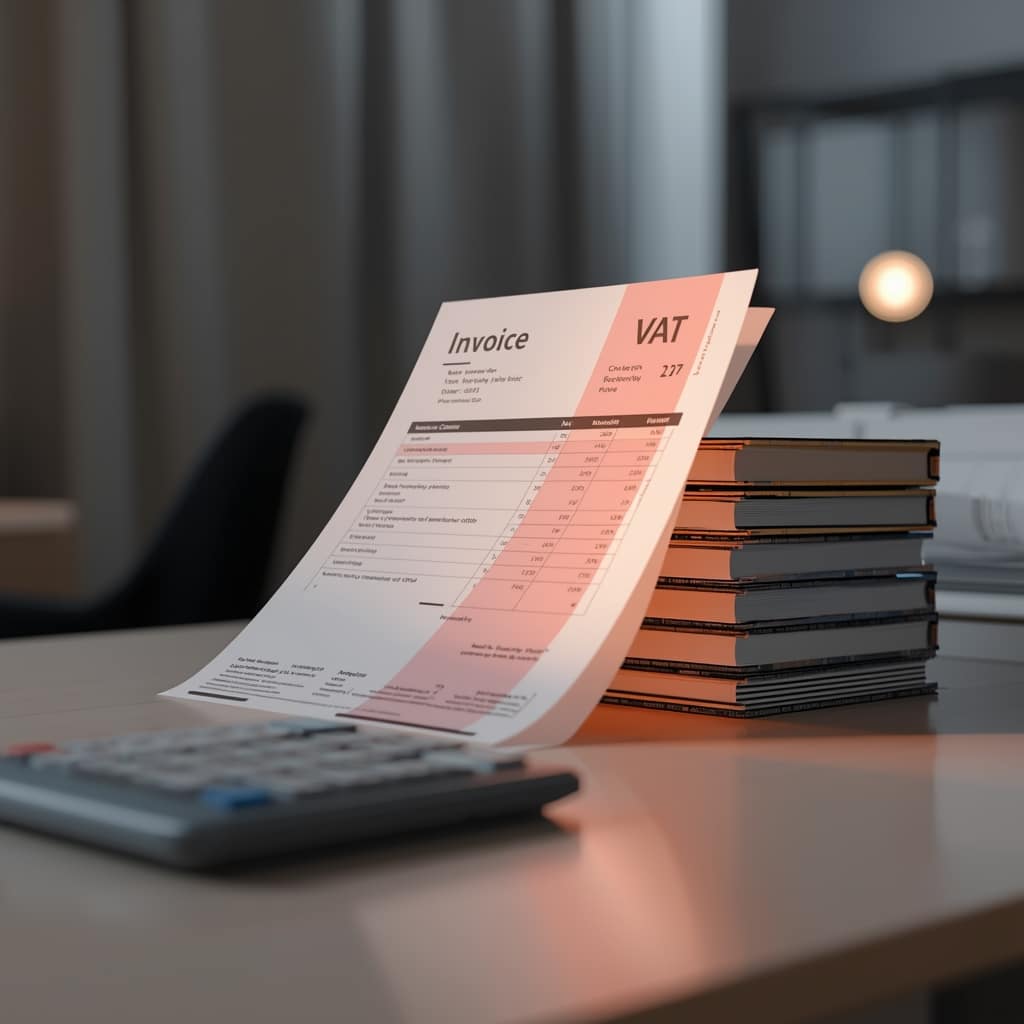 Invoice with VAT highlighted in red next to a stack of folders and a calculator