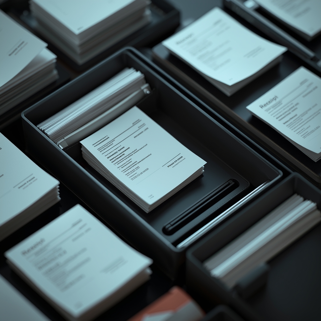 Stack of receipts in a filing box ready for bookkeeping