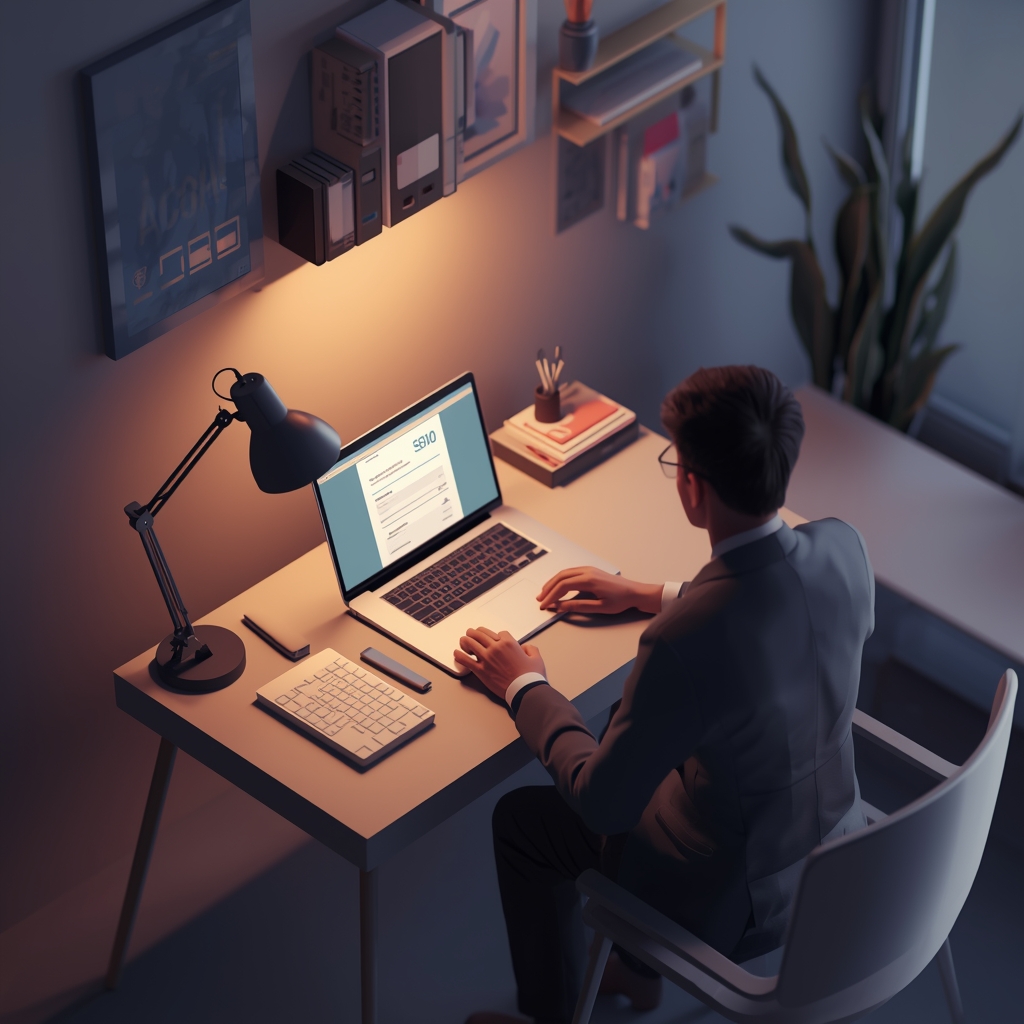 Person schreibt abends am Laptop eine Rechnung unter Schreibtischlampe