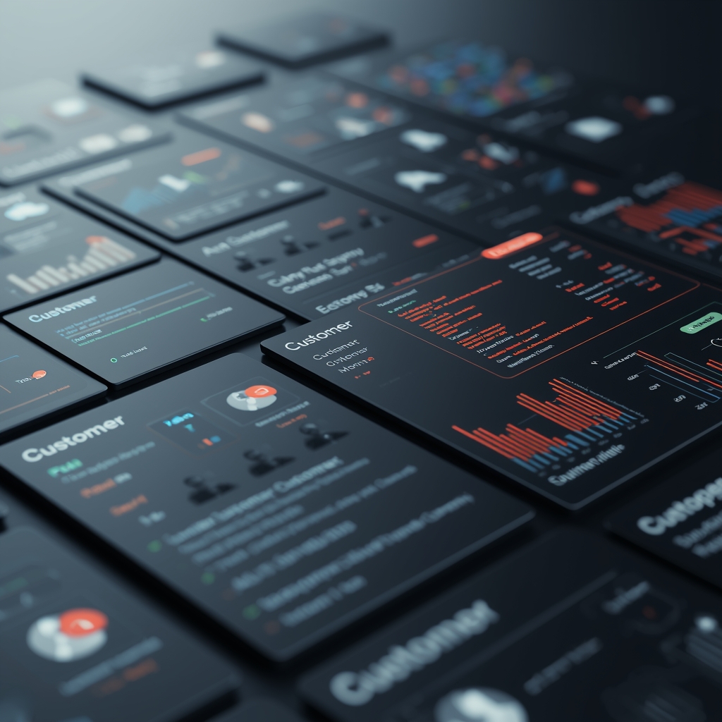 Dark dashboard cards with customer data and charts