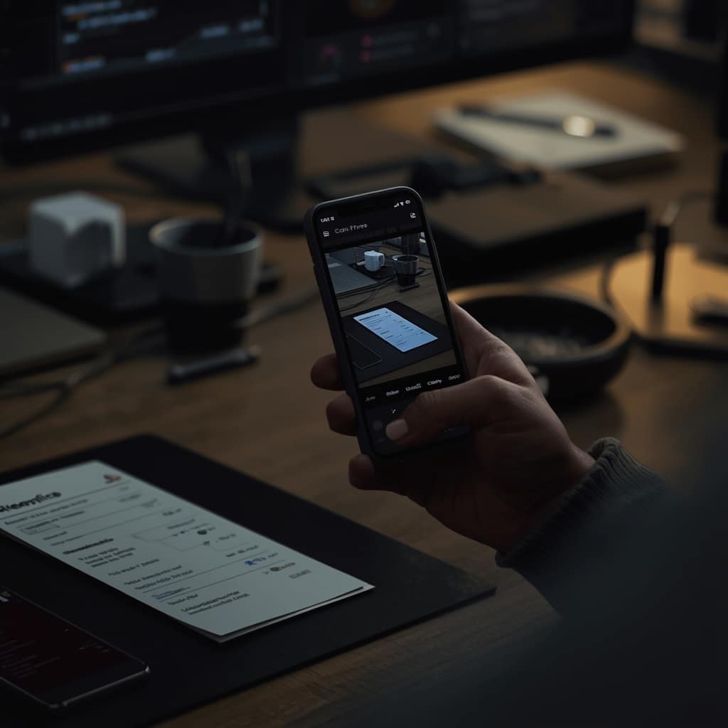 Hand photographing a receipt with a smartphone at a desk