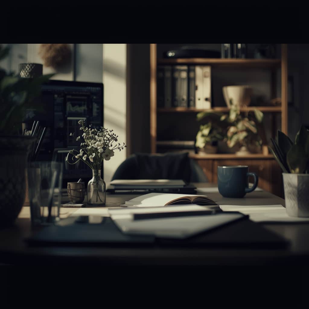 Calm workspace with monitor, flowers, cup and binders on the shelf