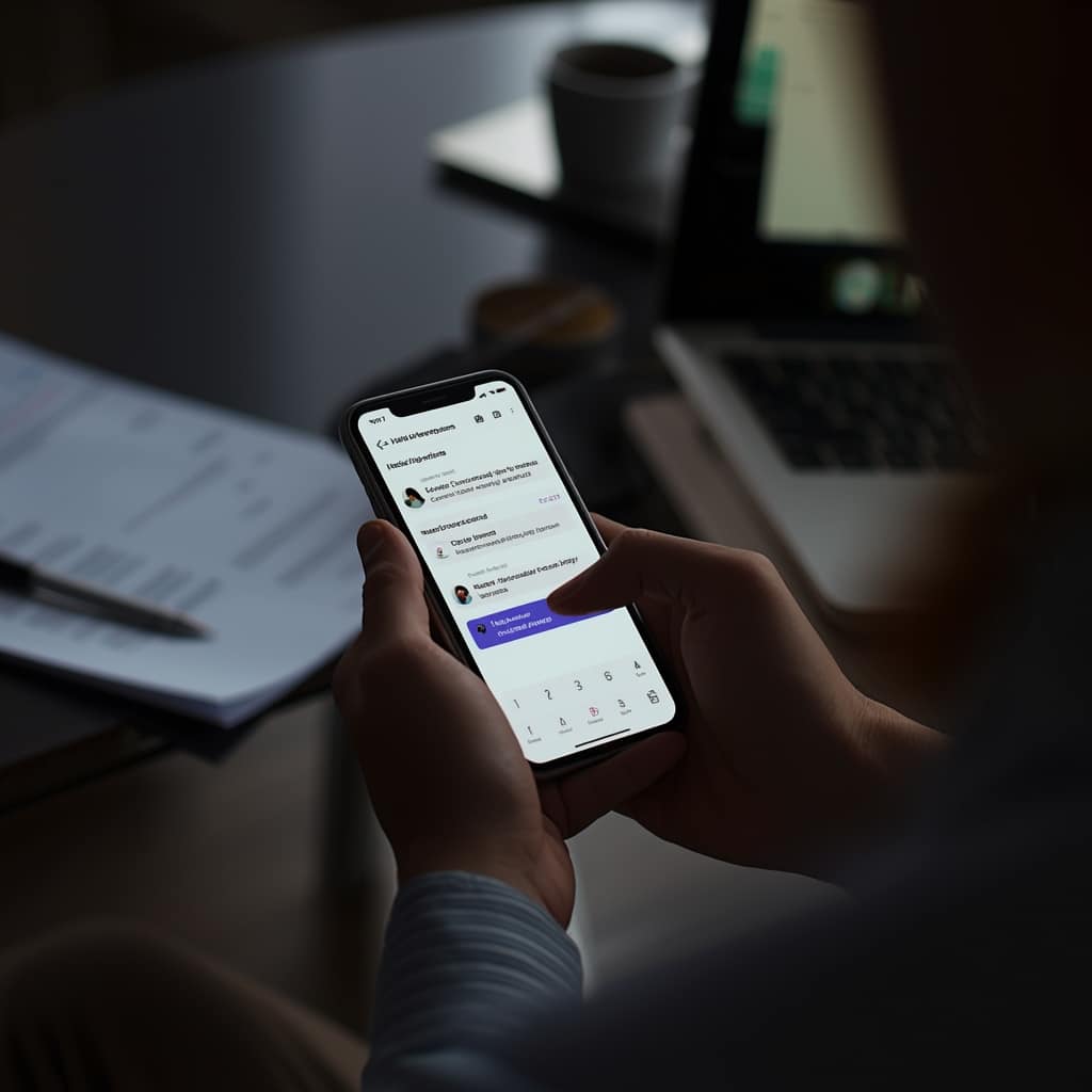 Person typing a message to an assistant on a smartphone, laptop in the background