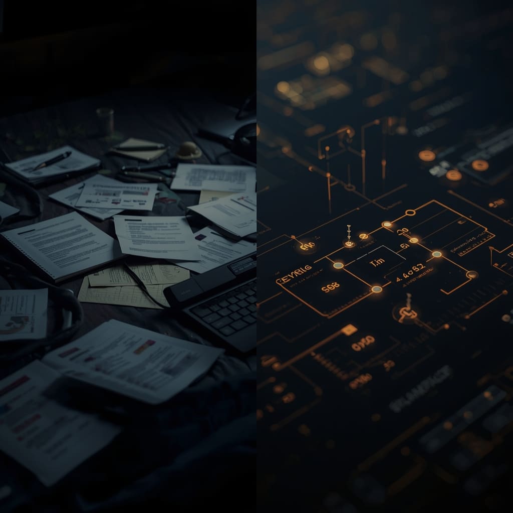 Scattered papers in the dark on the left, glowing circuitry on the right – from paper to digital