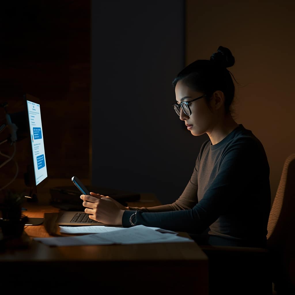 Woman working in the evening with smartphone and monitor