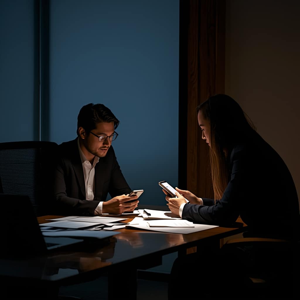 Two people at a meeting table working together on their smartphones