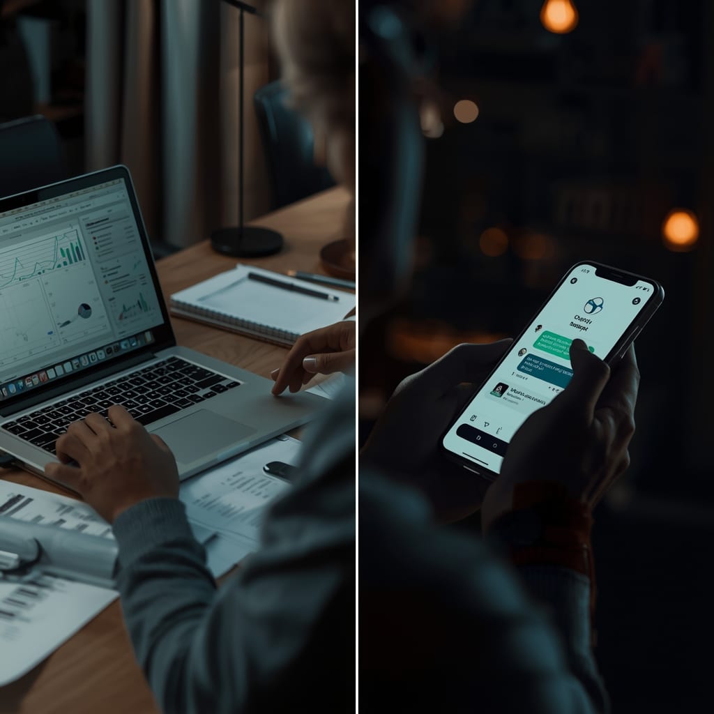 Working on a laptop with charts on the left, chatting with an assistant on a smartphone on the right