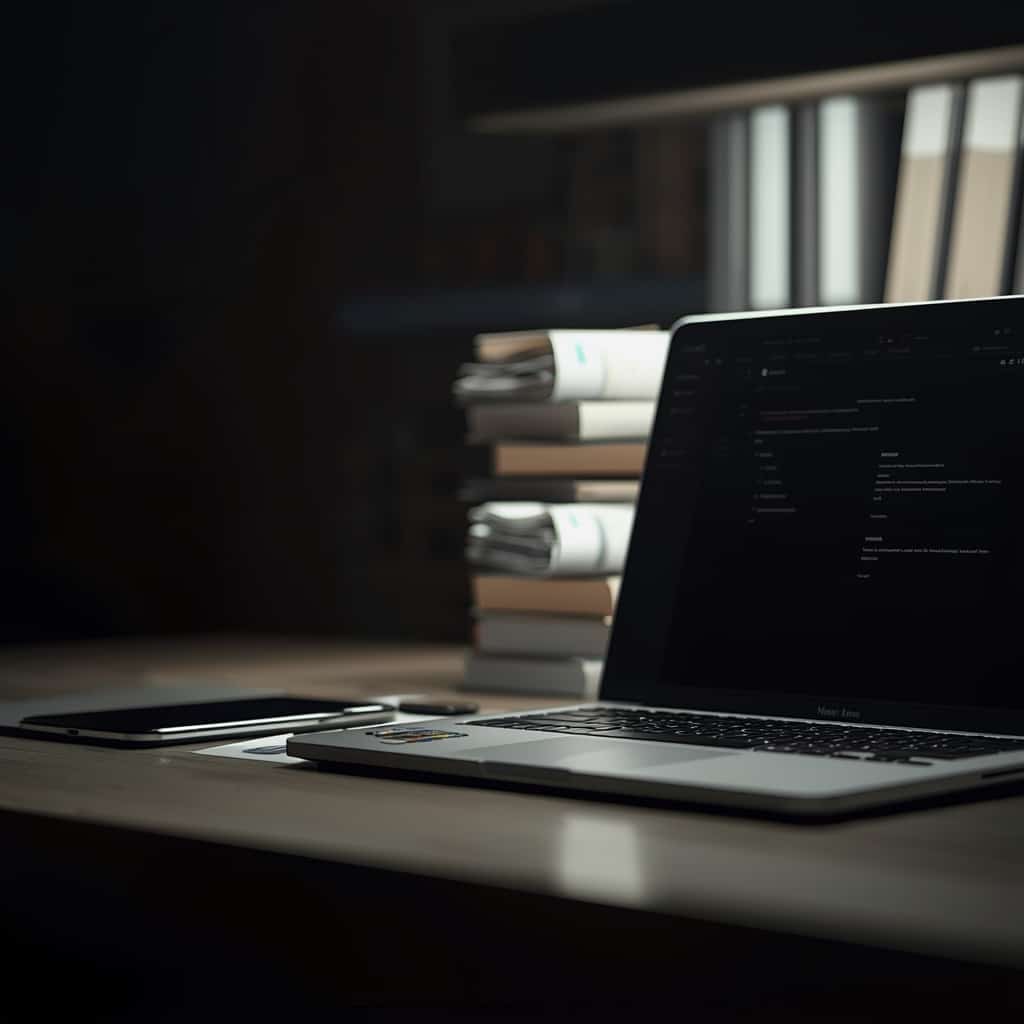 Laptop and smartphone on a desk in front of a bookshelf with stacks of receipts