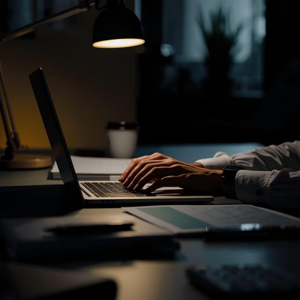 Hände tippen abends auf einem Laptop unter einer Schreibtischlampe