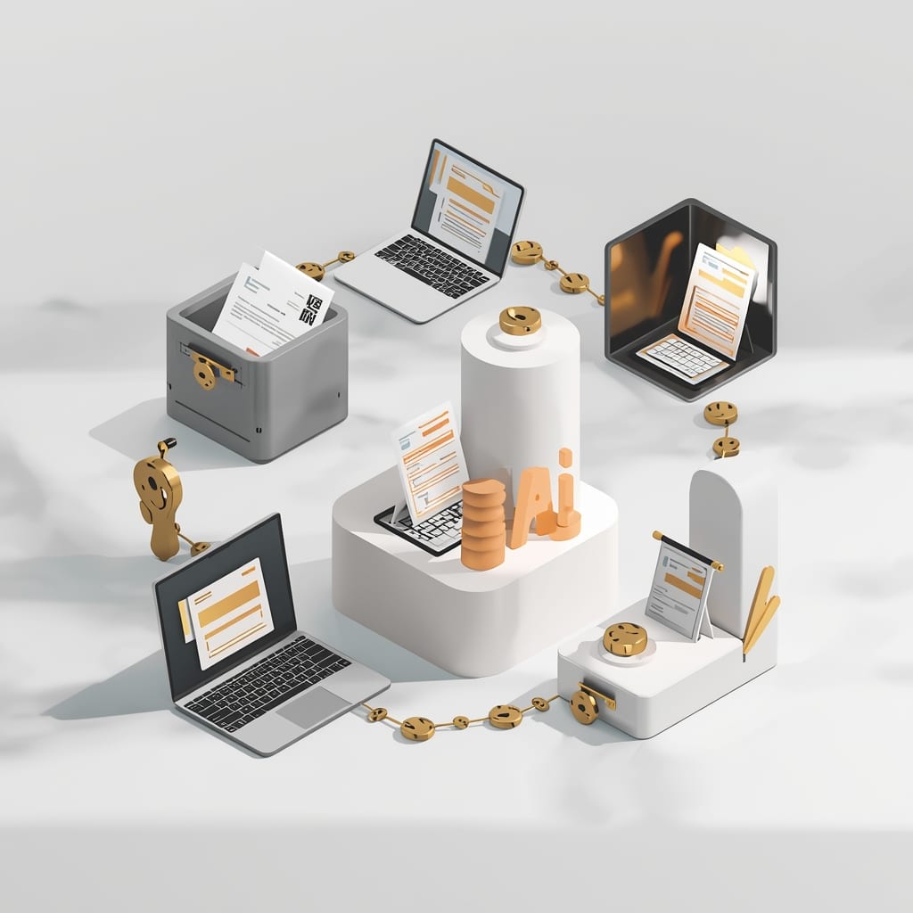 Loop of laptops, documents and coins around a central AI block